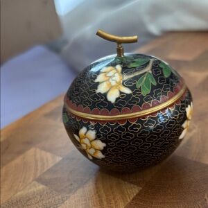 Black and Gold Floral  Vintage Chinese Cloisonné. Apple Trinket Box